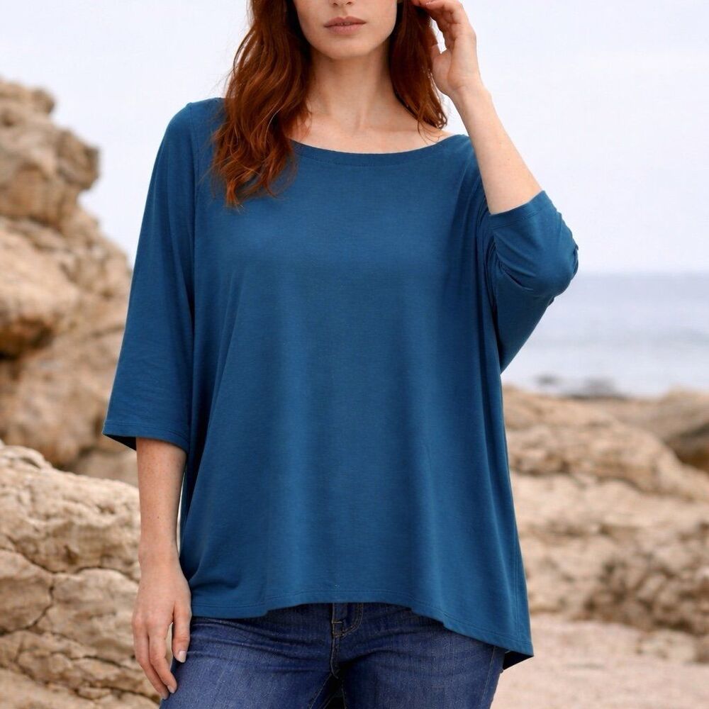 Eileen Fisher Ballet Neck 3/4 Sleeve Top in Teal Size Large